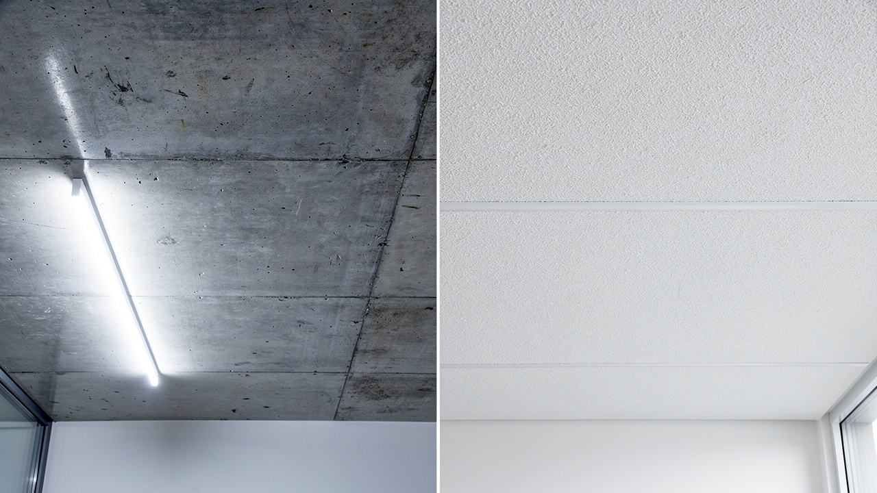 Comparison of bare concrete ceiling versus spray acoustic coating