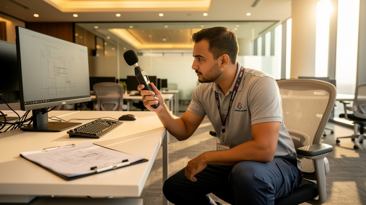 Acoustic technician measuring office noise levels for soundproofing assessment