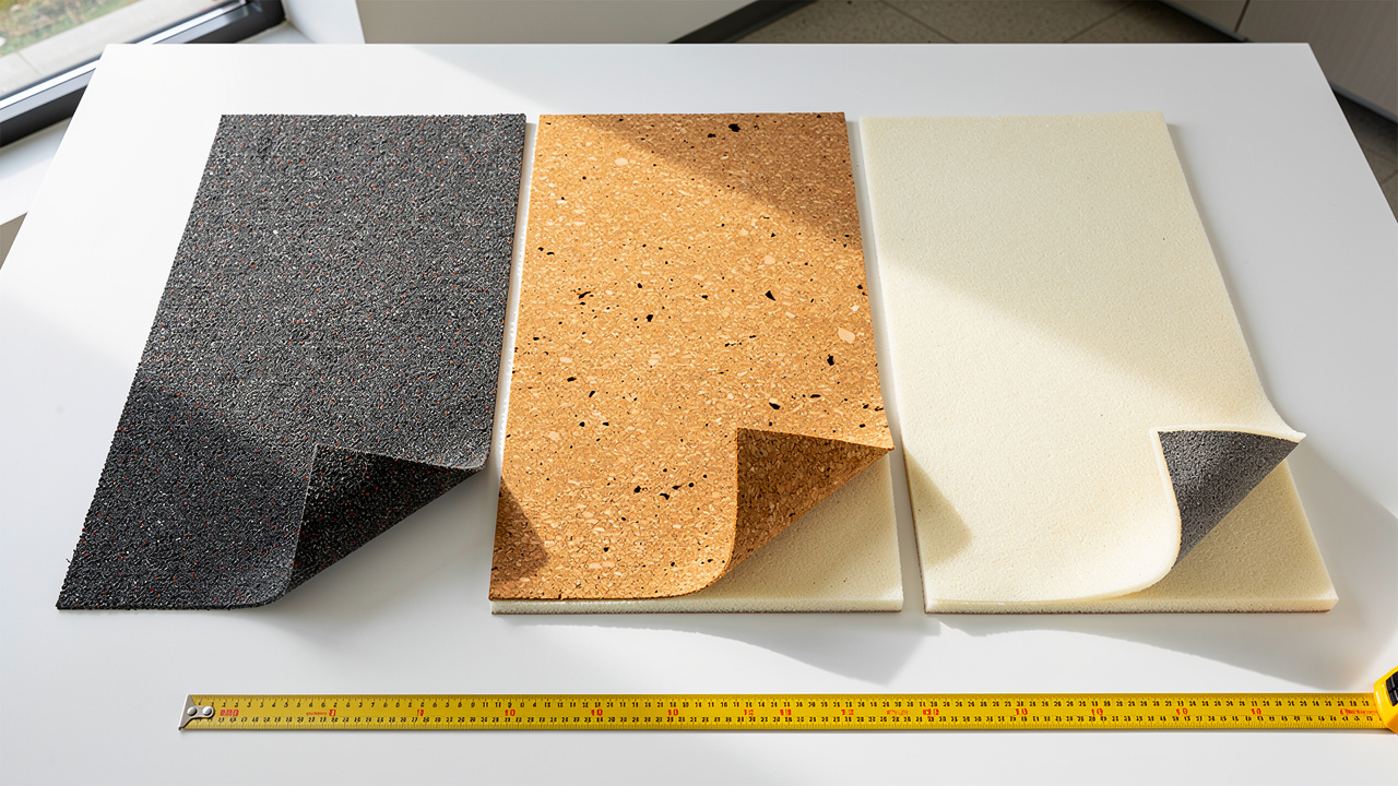 Rubber, cork, and foam acoustic underlay material samples compared side by side