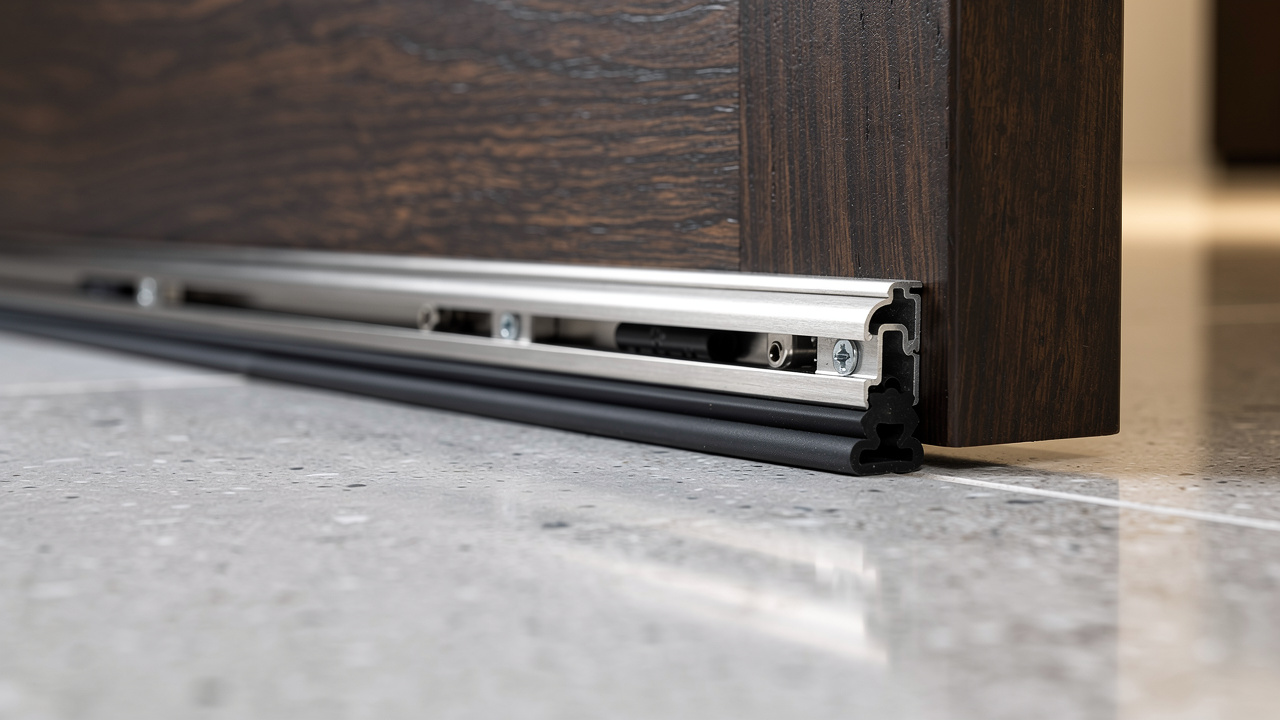 Automatic drop-down acoustic bottom seal on timber door