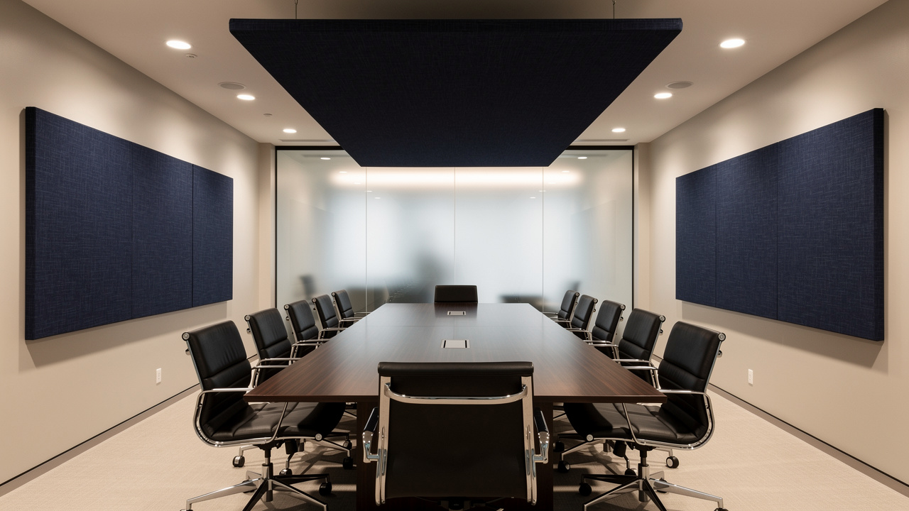 Ceiling cloud and wall acoustic panels in a corporate boardroom