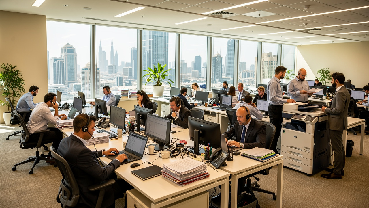 Busy noisy open-plan office workers struggling to concentrate