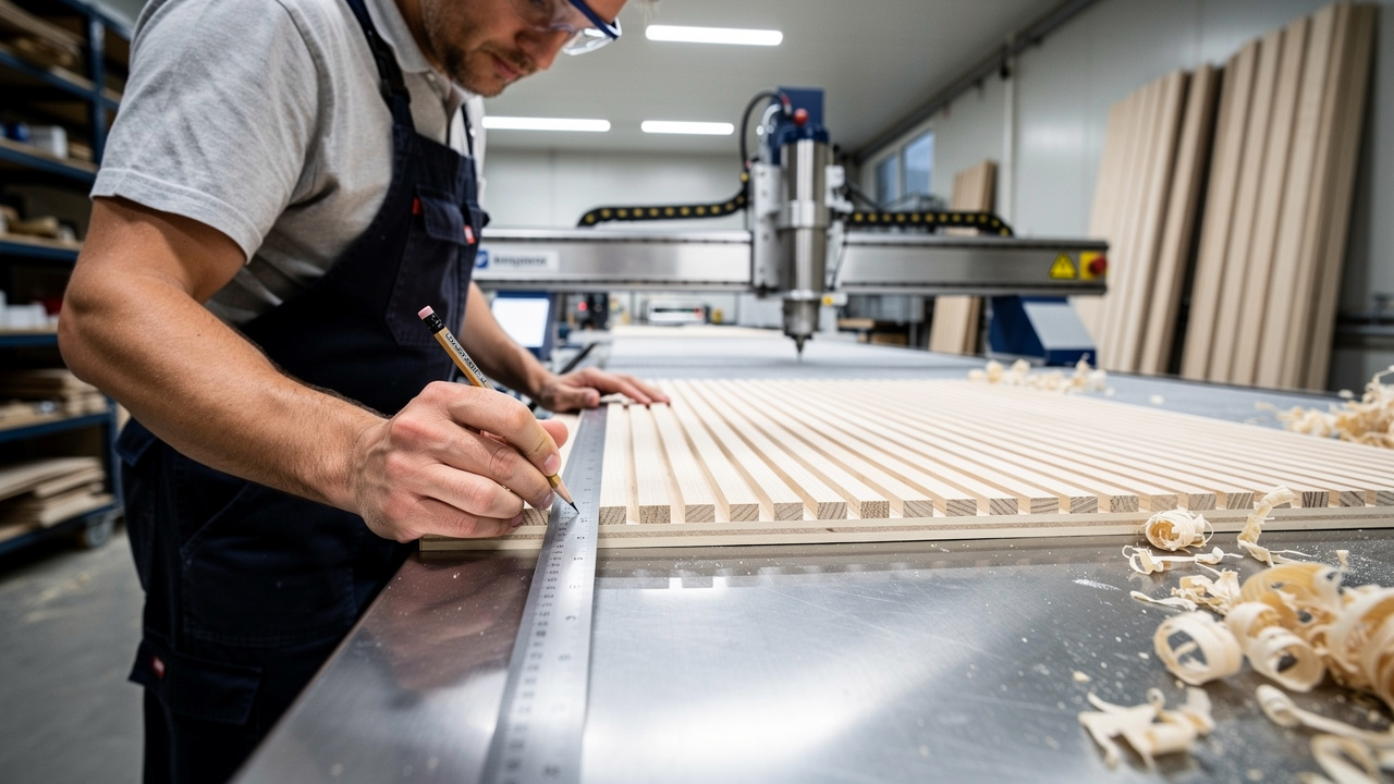 Craftsman measuring custom acoustic wood panel in a professional workshop