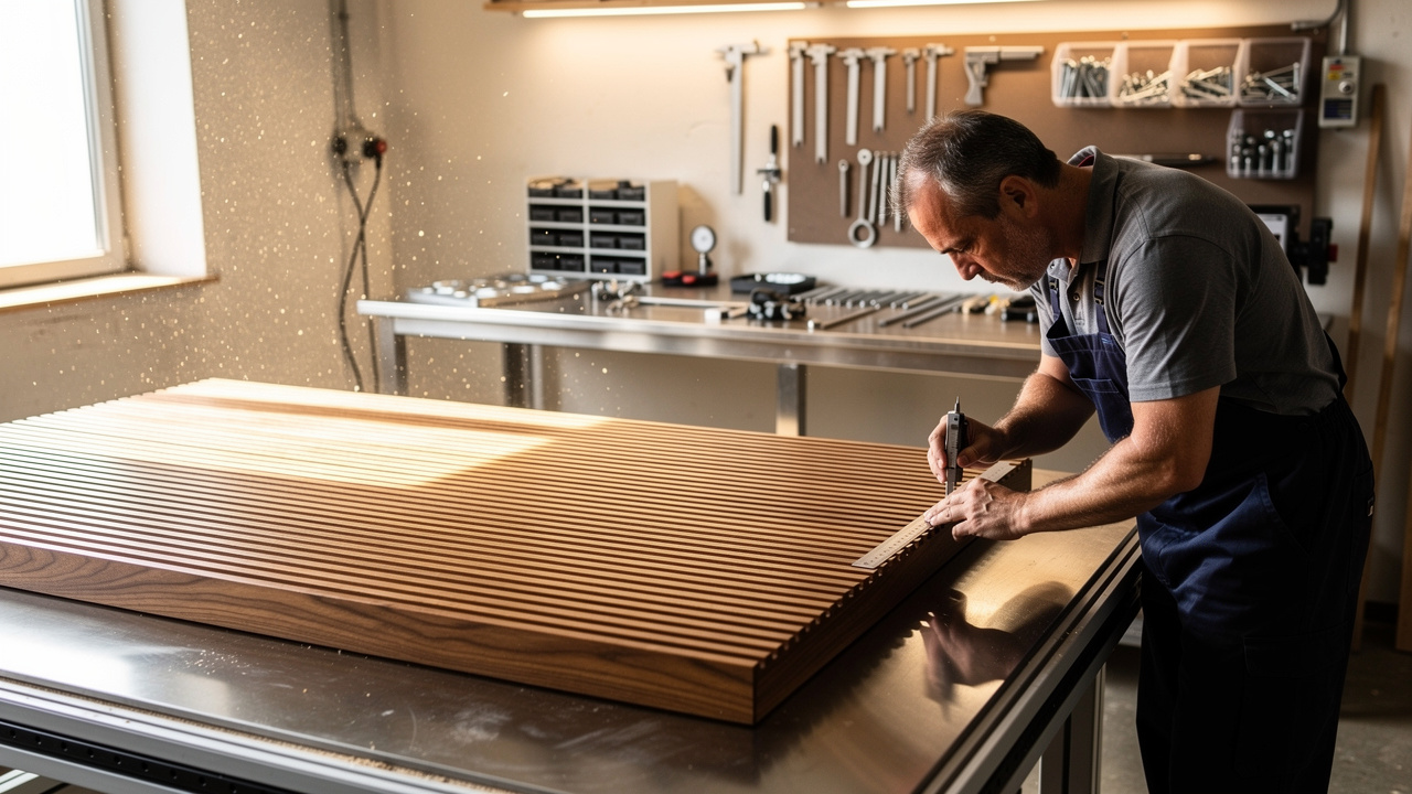 Craftsman inspecting CNC-cut acoustic wood panel in workshop