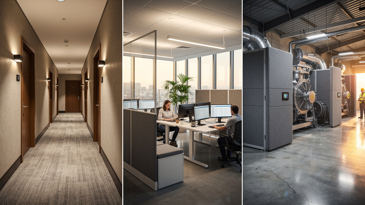 Hotels, offices, and industrial facilities benefiting from professional soundproofing