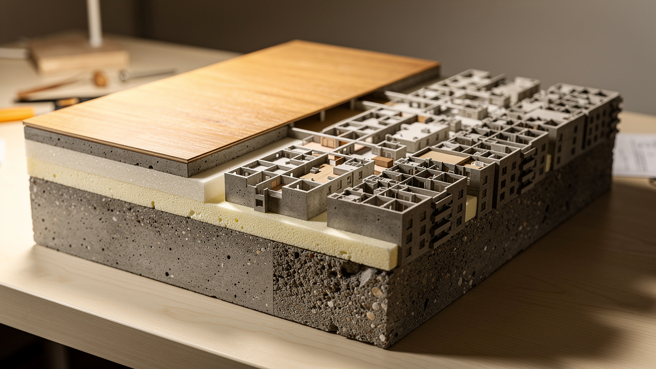 Cross-section of concrete floor showing impact noise transmission layers