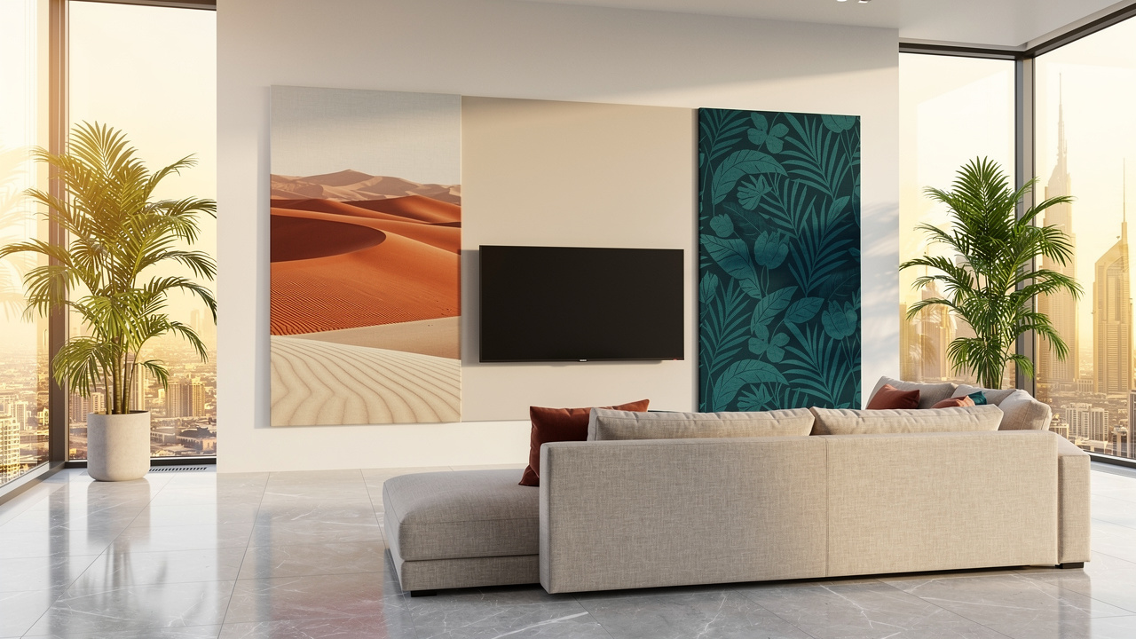Custom printed acoustic panels decorating a Dubai apartment living room