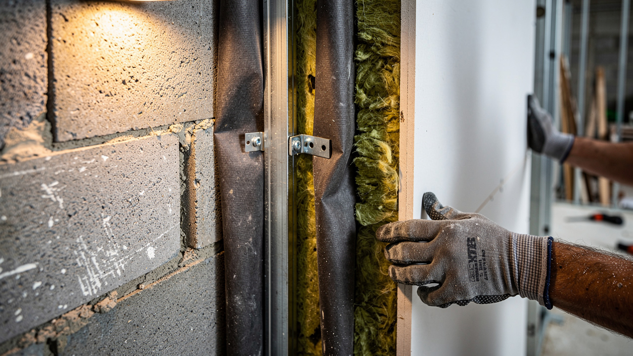 Professional decoupled stud wall acoustic soundproofing system installation layers