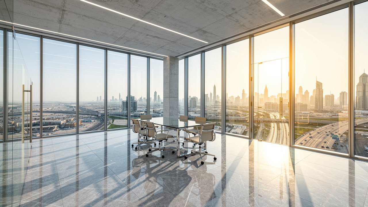 Glass-walled Dubai office interior with reflective marble floors