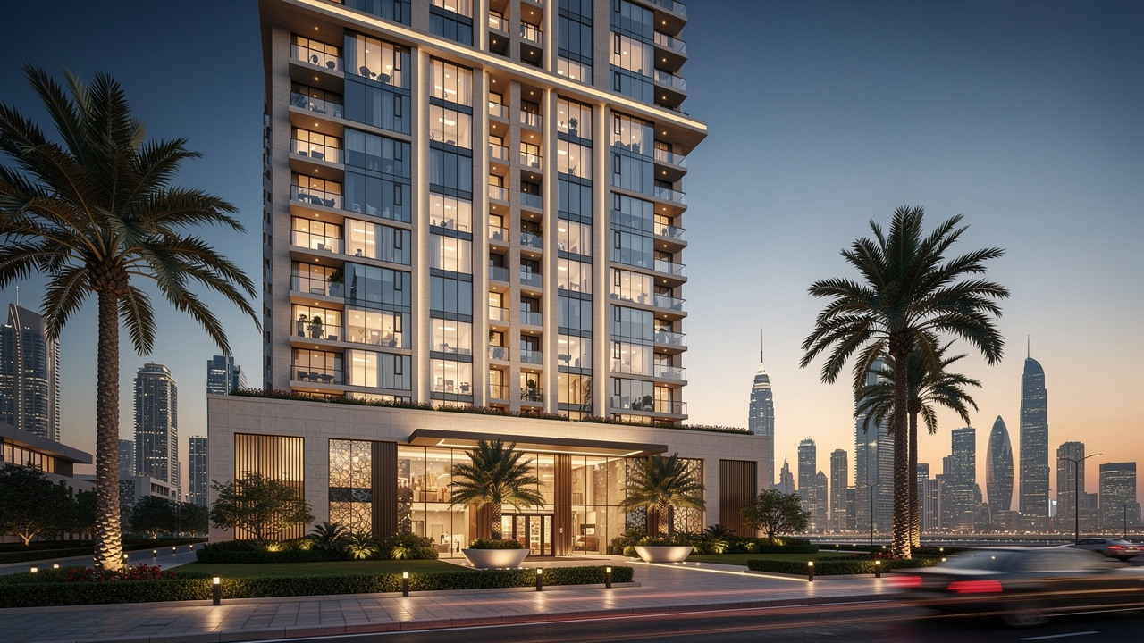Modern Dubai residential tower at dusk with glowing apartments inside