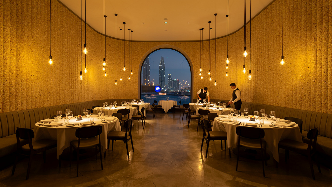 Dubai restaurant interior with wood wool acoustic wall panels