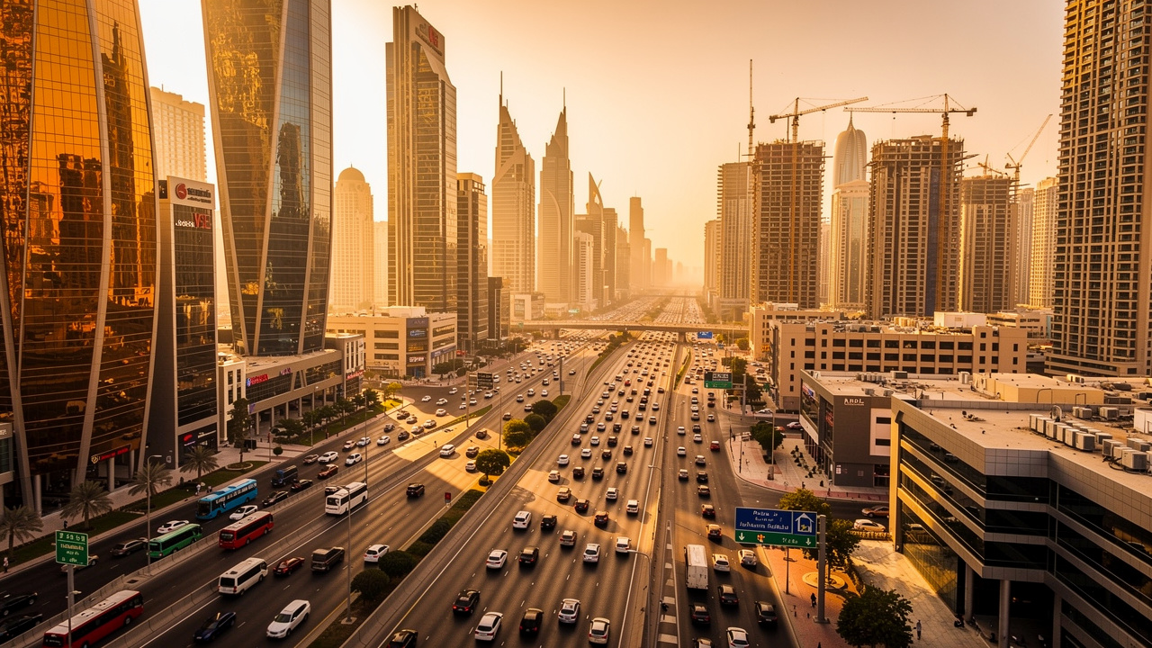 Dubai skyline and busy highway illustrating urban noise