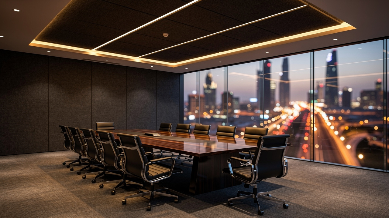 Elegant boardroom with fabric-wrapped acoustic ceiling tiles in UAE