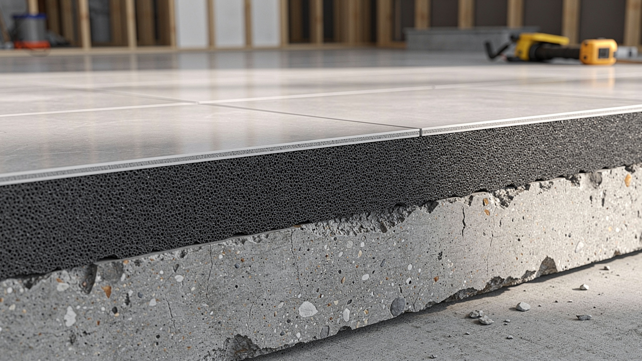 Cross-section showing acoustic underlay layers between tile and concrete slab
