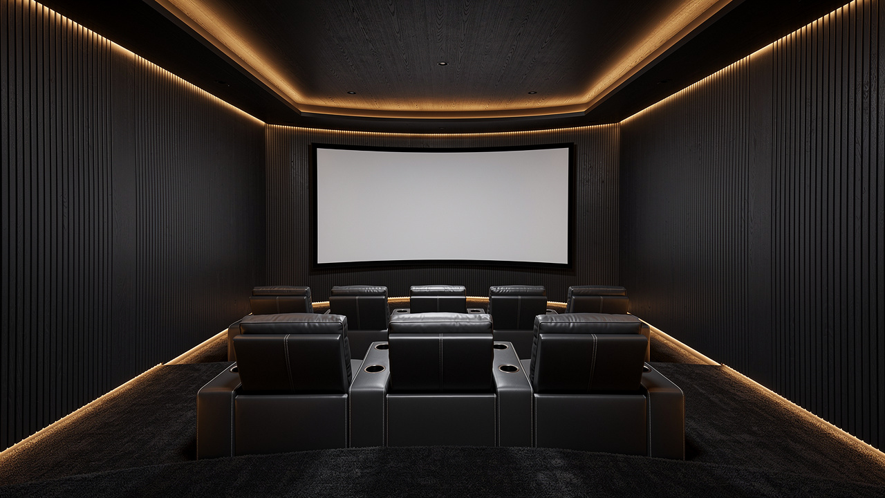 UAE villa home theater with dark grooved acoustic panels and recliners
