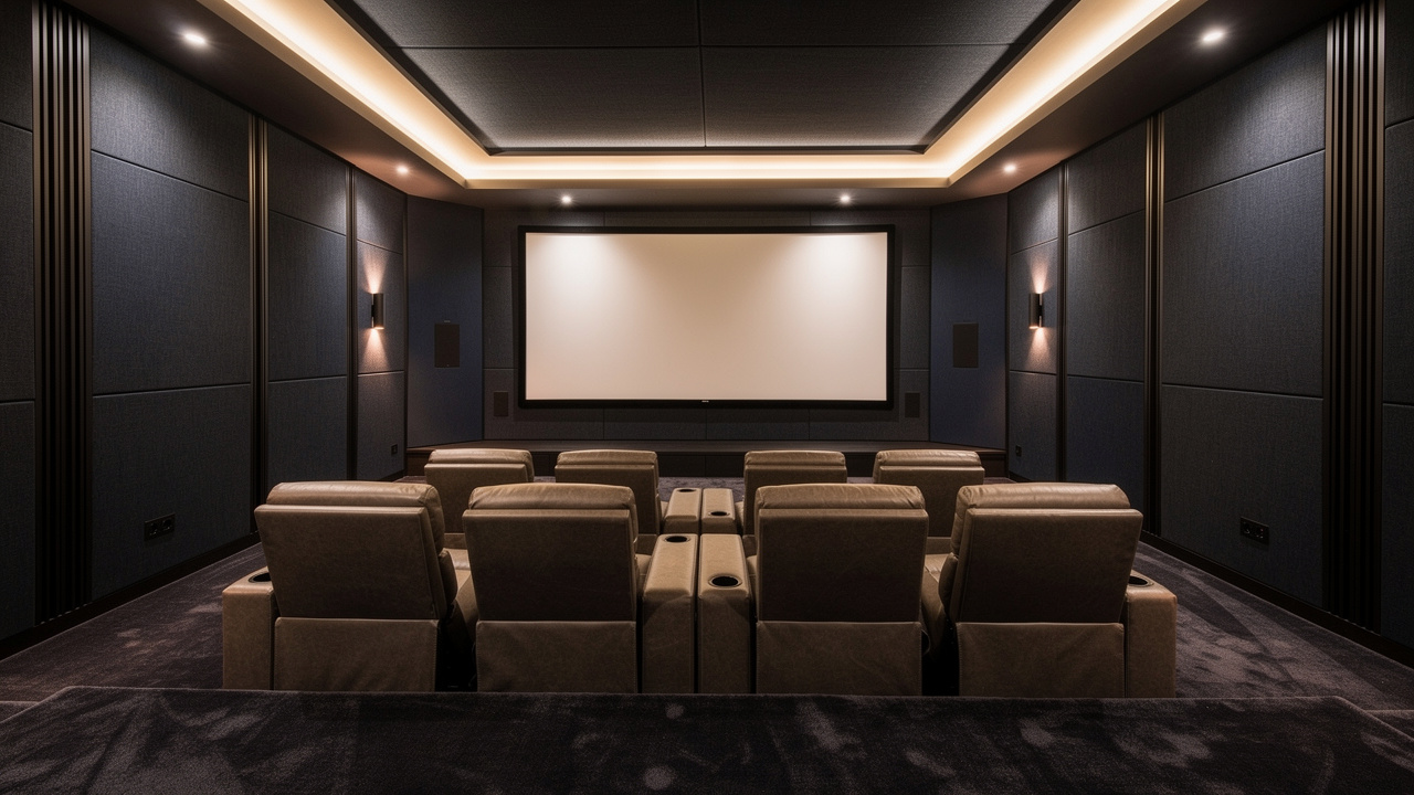 Luxury home theater with stretch fabric acoustic walls and PVC track