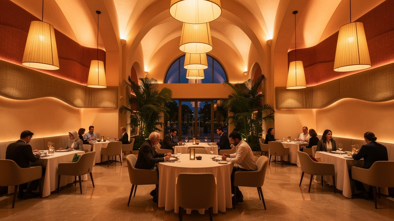 Decorative fabric acoustic panels in a UAE hotel lobby restaurant