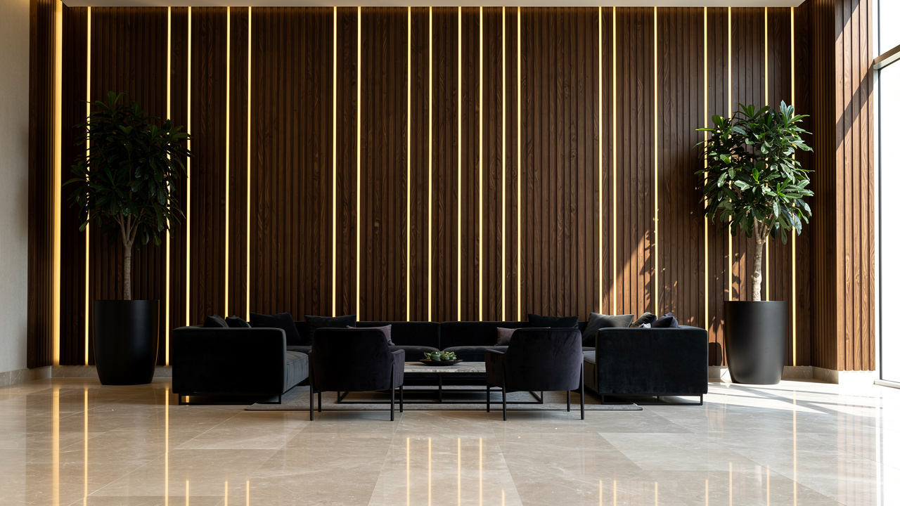 Luxury hotel lobby with walnut acoustic wood panels and ambient lighting