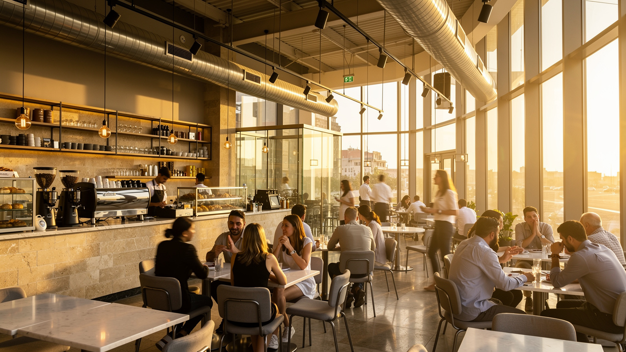 Busy café with hard reflective surfaces causing echo problems