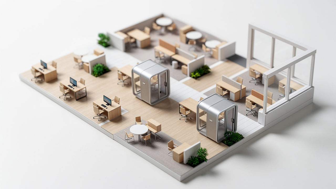 Office floor plan model showing optimal soundproof booth placement