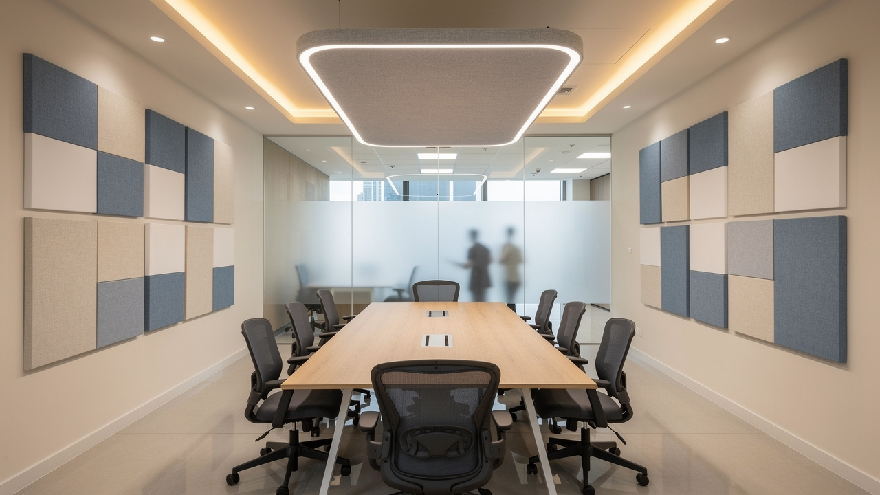 Meeting room with acoustic wall panels and ceiling cloud in Dubai
