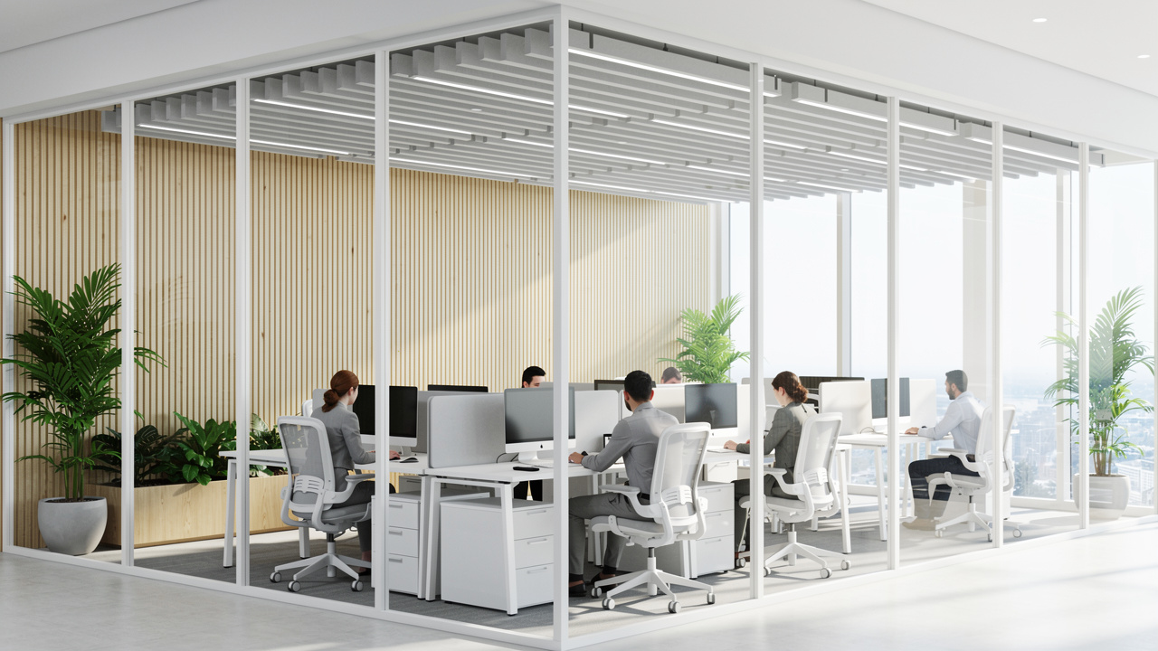 Modern Dubai open office with acoustic wood panels for noise control