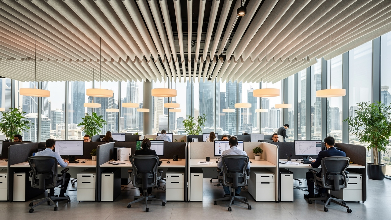 Open-plan Dubai office with acoustic fabric ceiling baffles installed