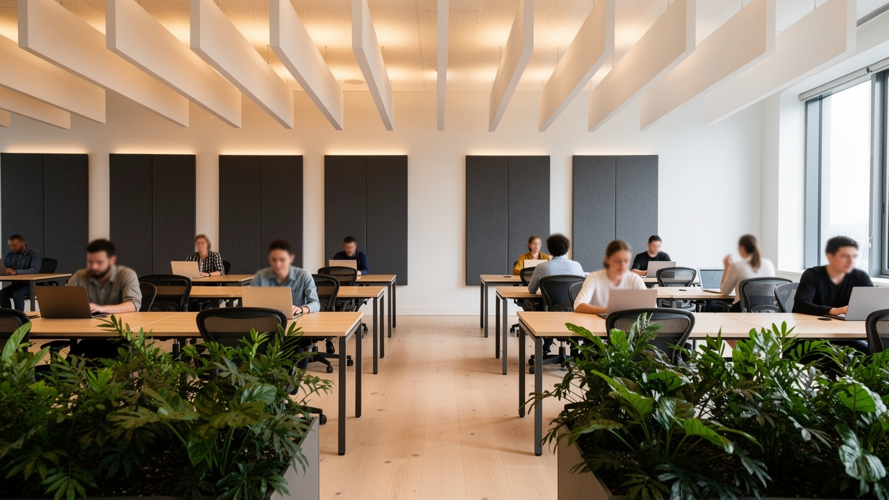 Acoustic panels on walls and ceiling in an open-plan office