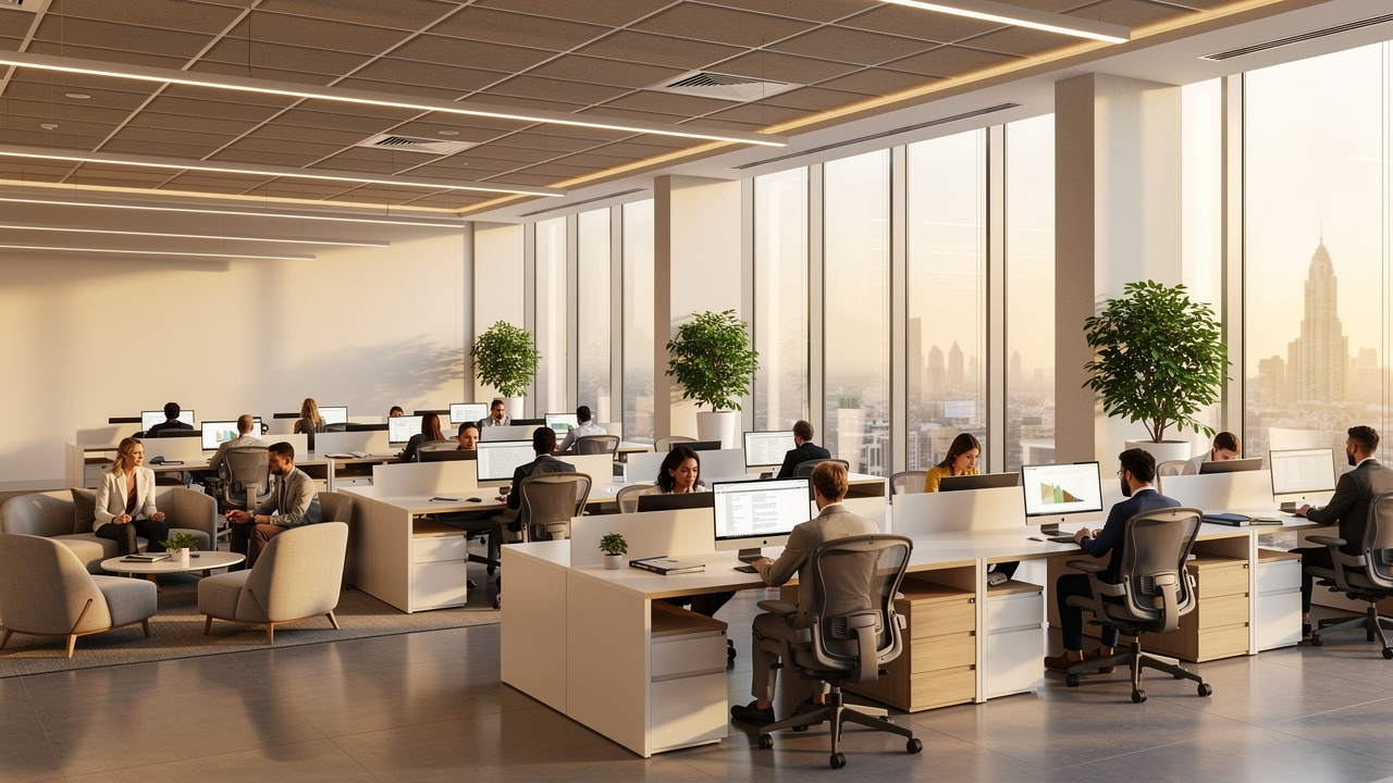 Employees working productively under acoustic ceiling tiles in UAE office