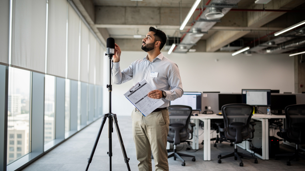 Acoustic technician conducting a professional room assessment in UAE