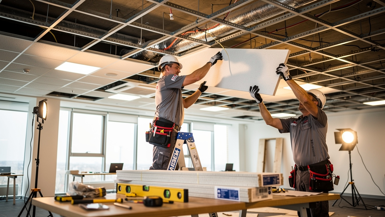 Technician professionally installing acoustic ceiling tiles in UAE office