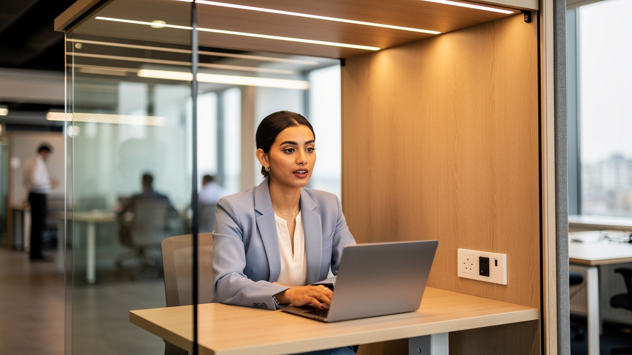 Professional woman on video call inside soundproof office pod