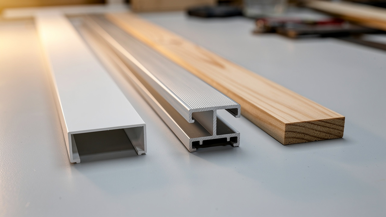 PVC, aluminum, and wood acoustic track materials compared side by side