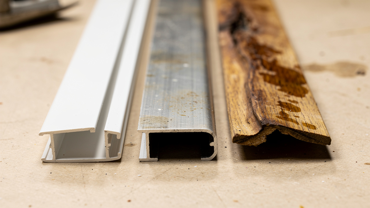 PVC aluminum and wood acoustic track material comparison side by side