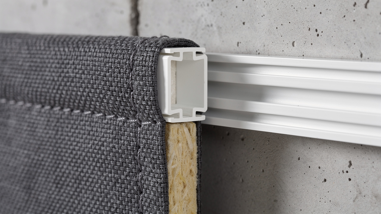 Close-up of PVC profile track gripping acoustic fabric on wall