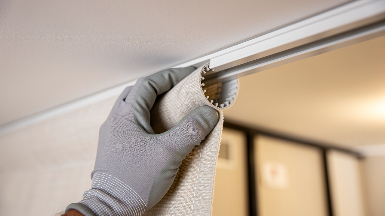 Close-up of PVC track gripping acoustic stretch fabric