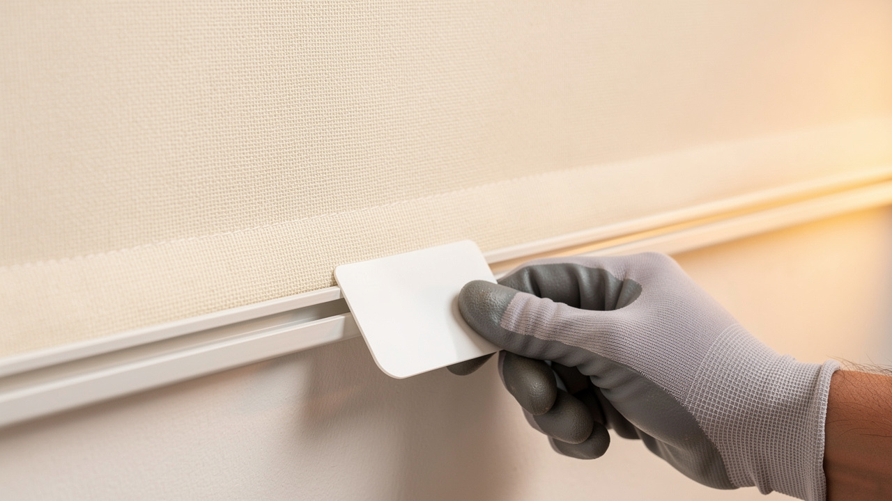 Close-up of PVC profile track gripping stretch fabric during installation