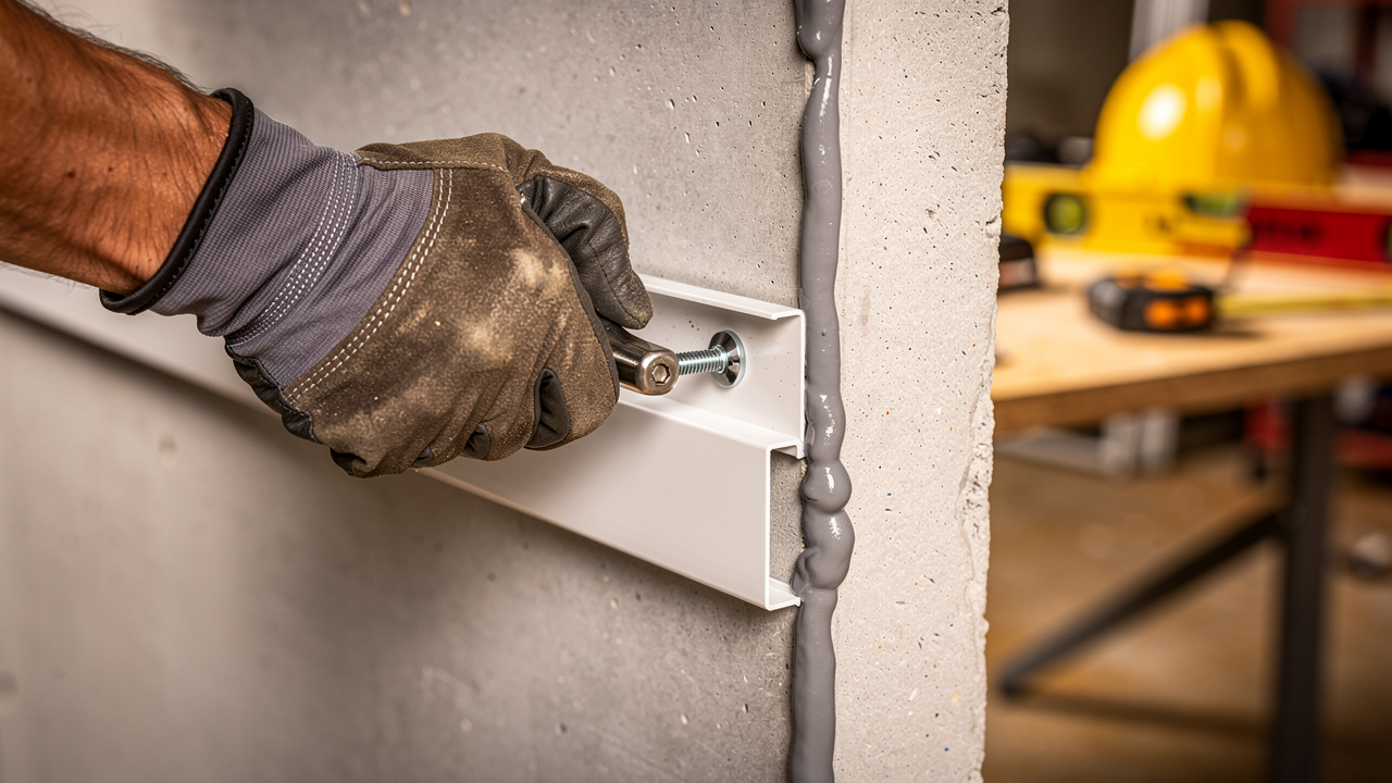 Professional installing PVC acoustic track with sealant on concrete wall