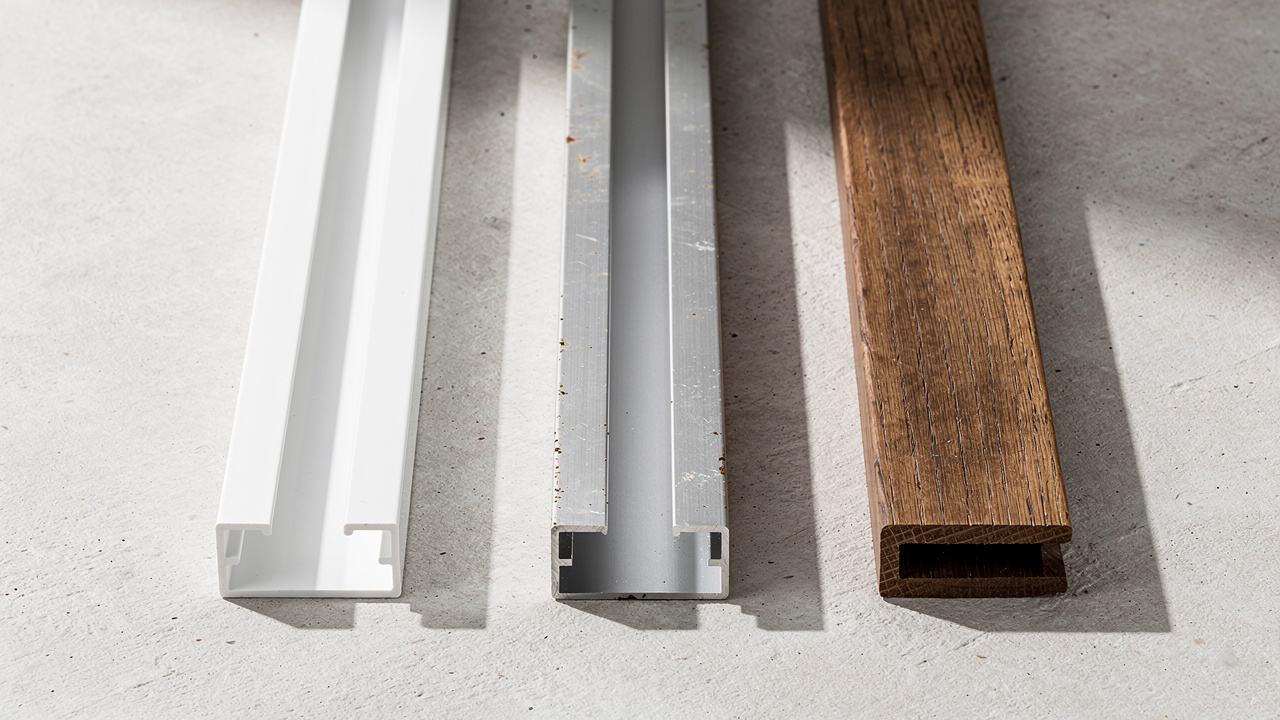 PVC, aluminum, and wood wall track material comparison samples