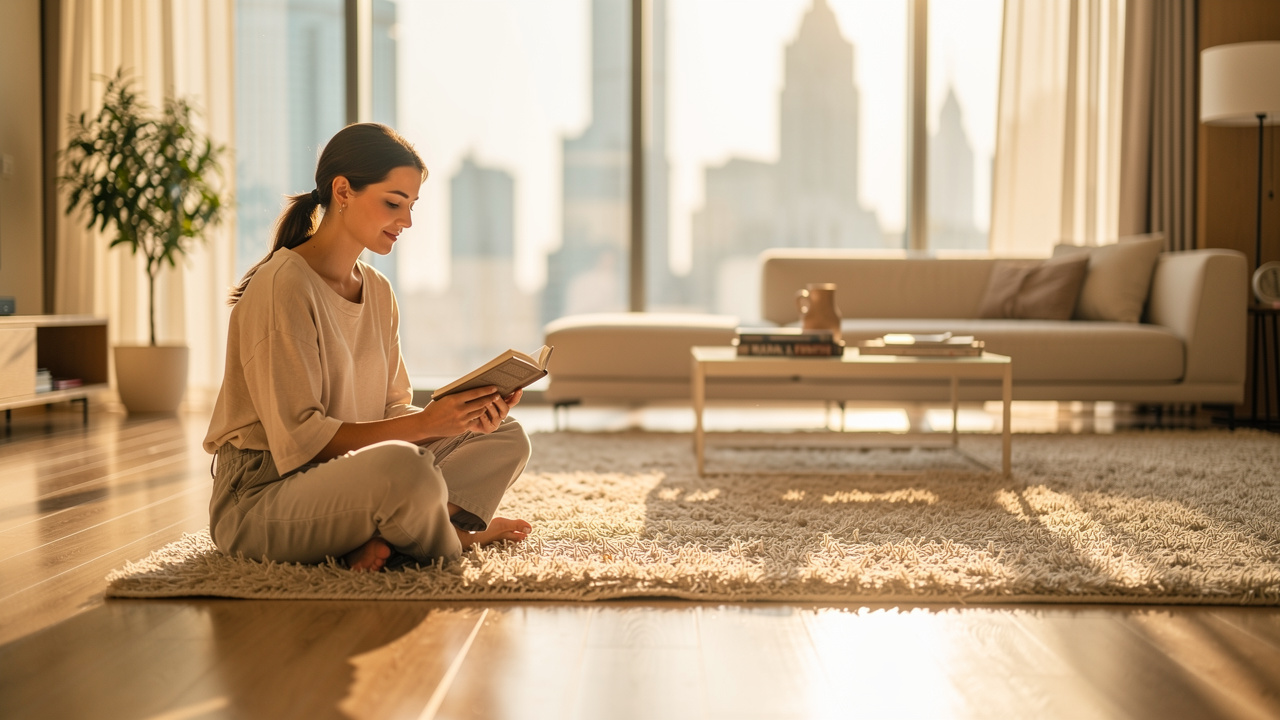 Woman relaxing in quiet UAE apartment with acoustic flooring installed