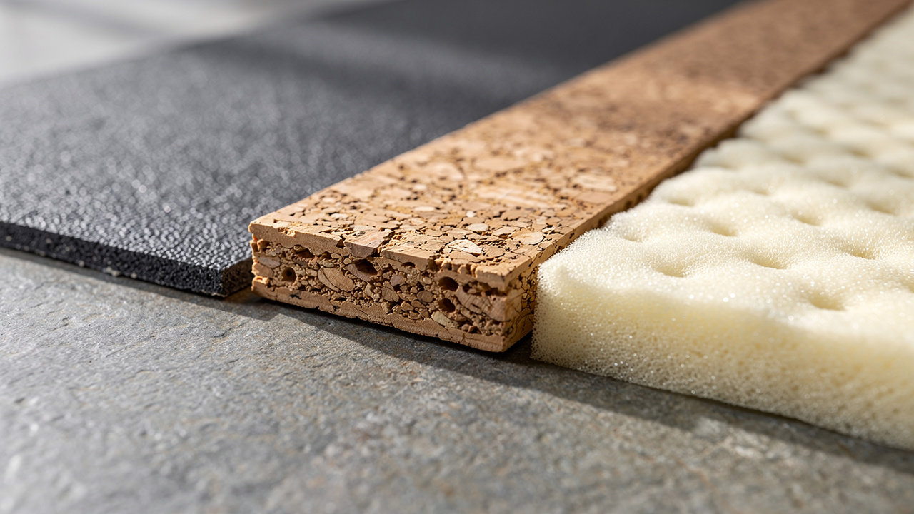 Rubber, cork, and foam acoustic underlay material samples compared