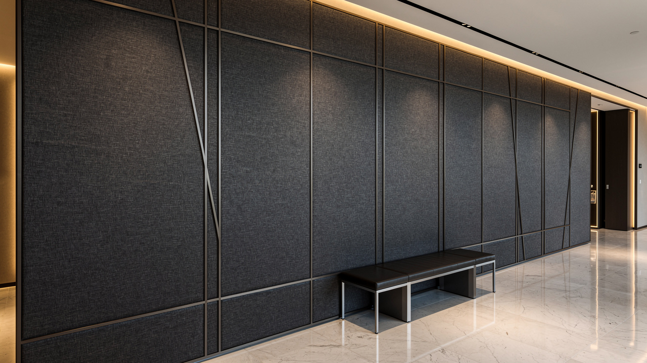 Seamless stretch fabric wall with V-groove shadow lines in boardroom