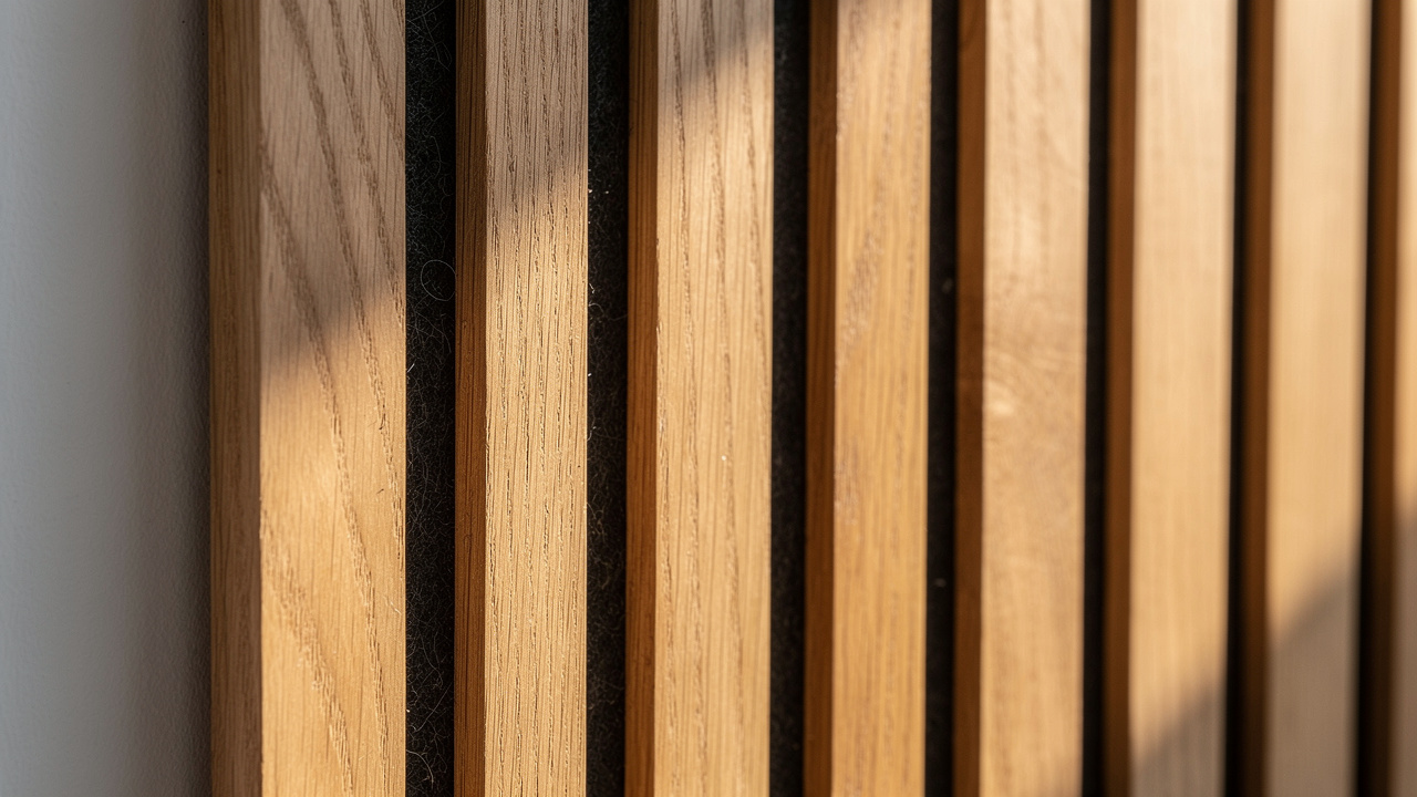 Close-up detail of slatted acoustic wood panel construction