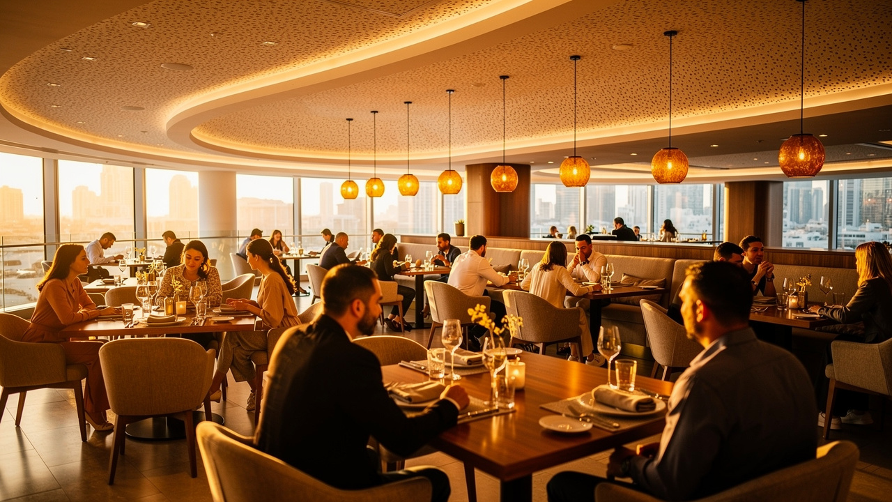 Modern restaurant with acoustic spray ceiling reducing ambient noise