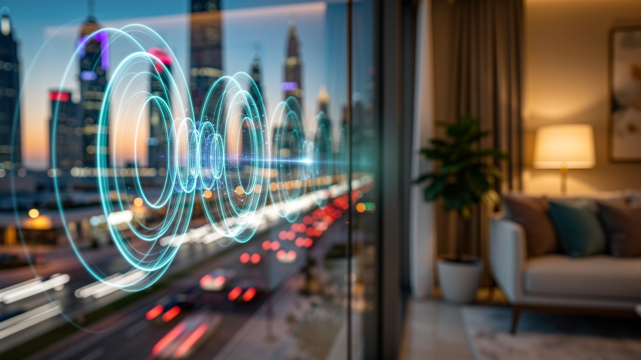 Sound waves traveling through a glass window in Dubai apartment