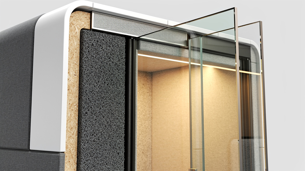 Cross-section detail of soundproof booth acoustic layers and seals