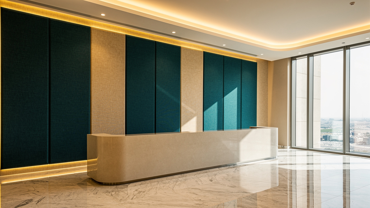 Stretch fabric acoustic panels in luxury UAE hotel lobby interior