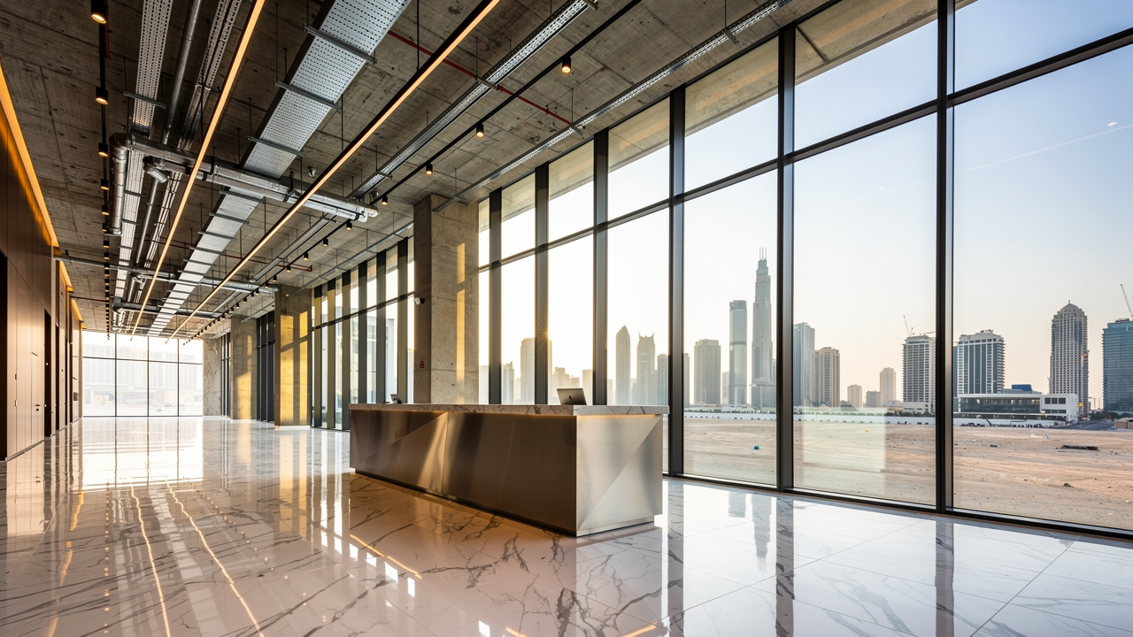 Hard marble and glass lobby interior in a UAE commercial building