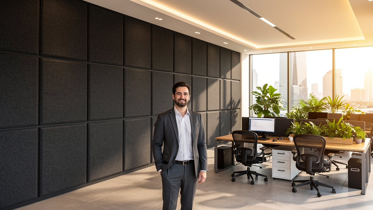 Completed acoustic wall system with straight-edge PVC track in Dubai office