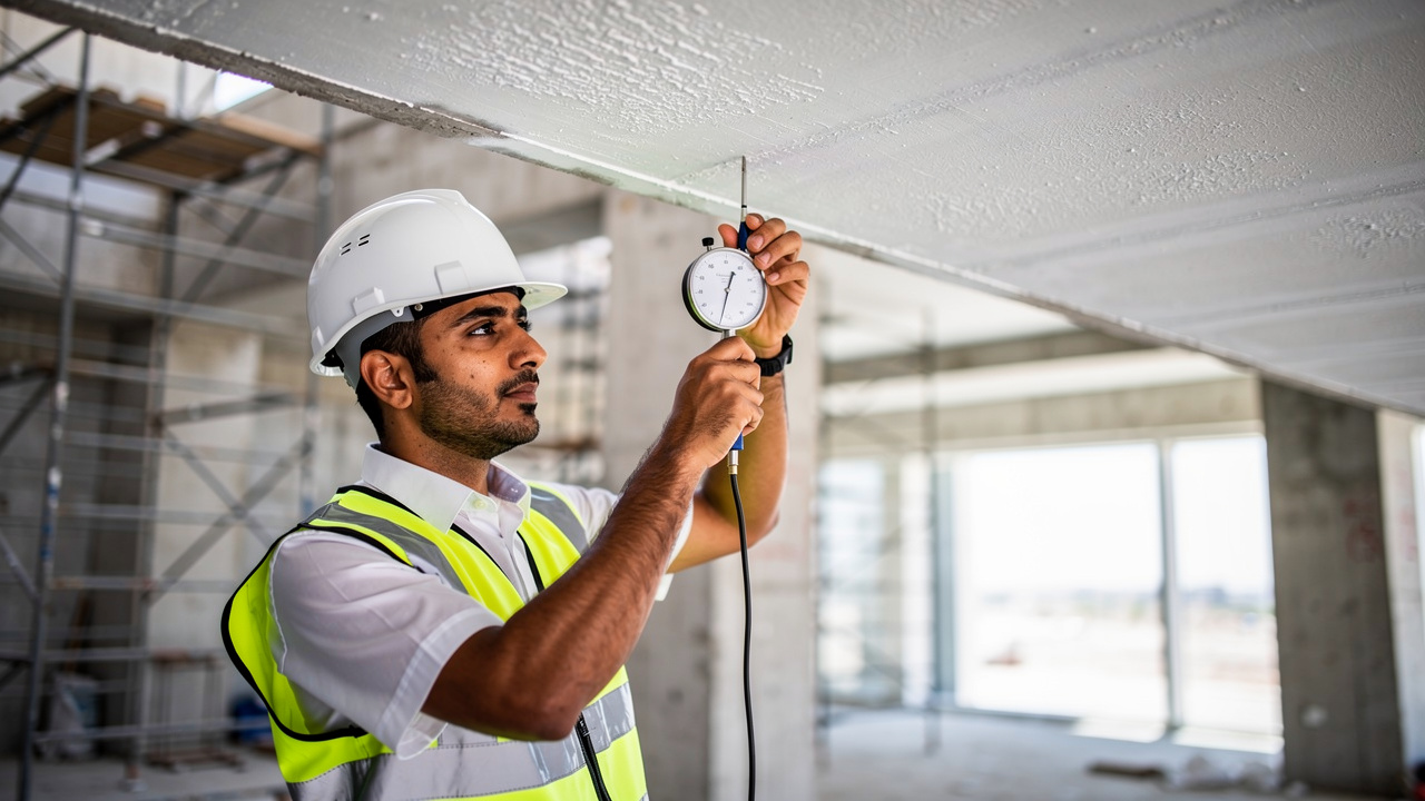 Acoustic engineer measuring spray coating thickness during UAE installation